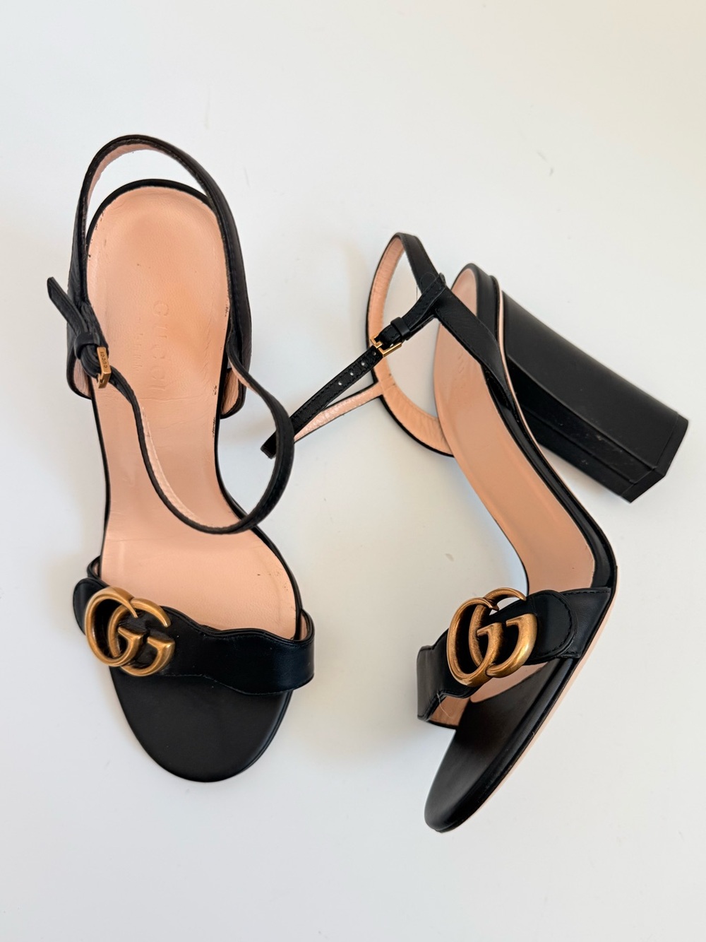 Gucci GG Marmont Leather Ankle Strap Sandals Black Gold Logo Block Heels EU 36.5